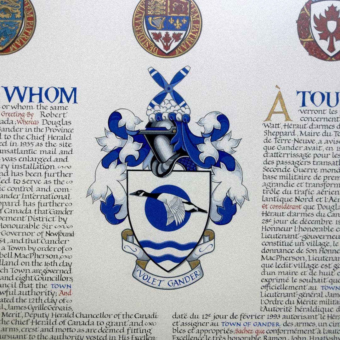 A cropped photo of the origional document bearing The Coat of Arms of The town of Gander