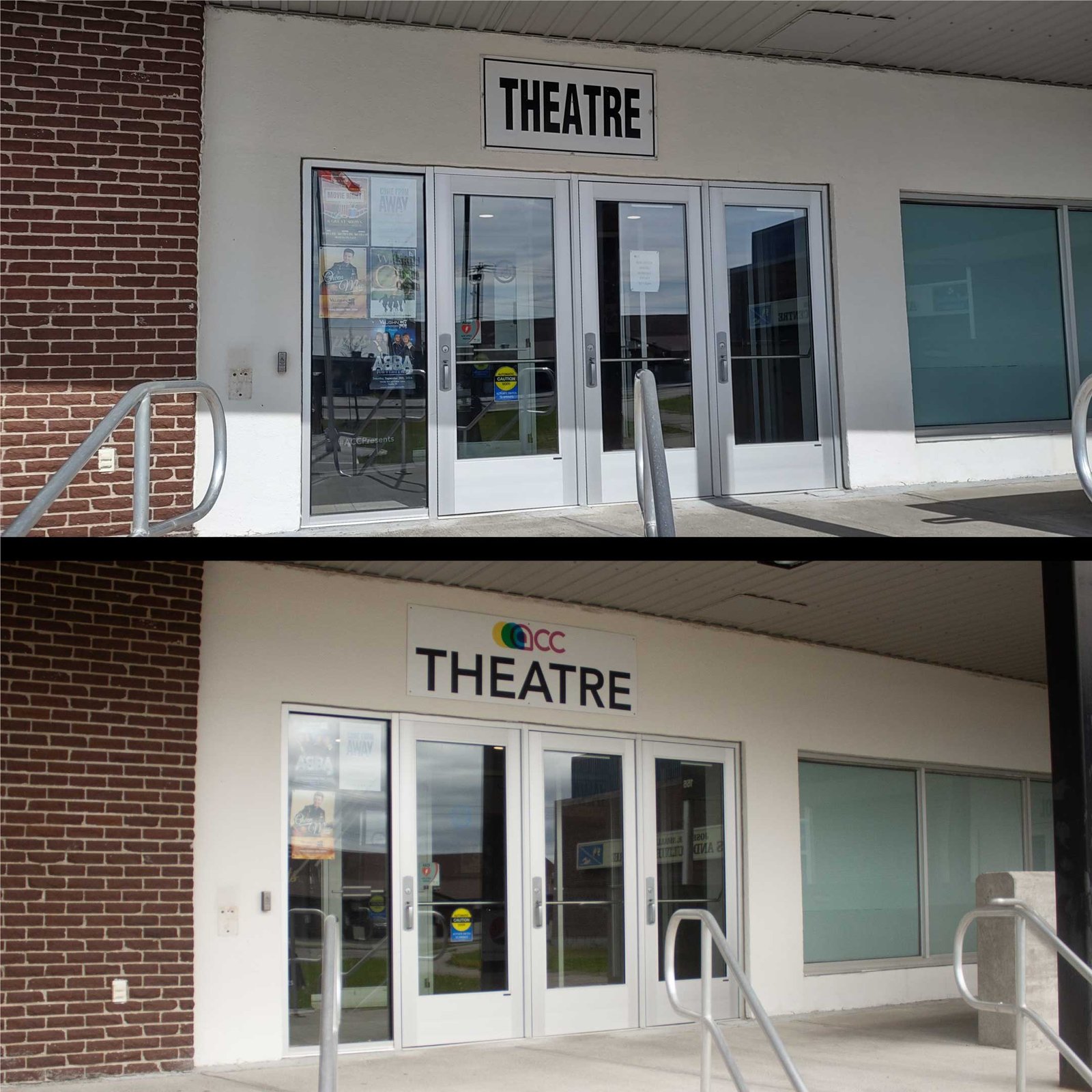 A comparison of the old entrance of the Gander Arts and Cultire Centre Theatre and the new one