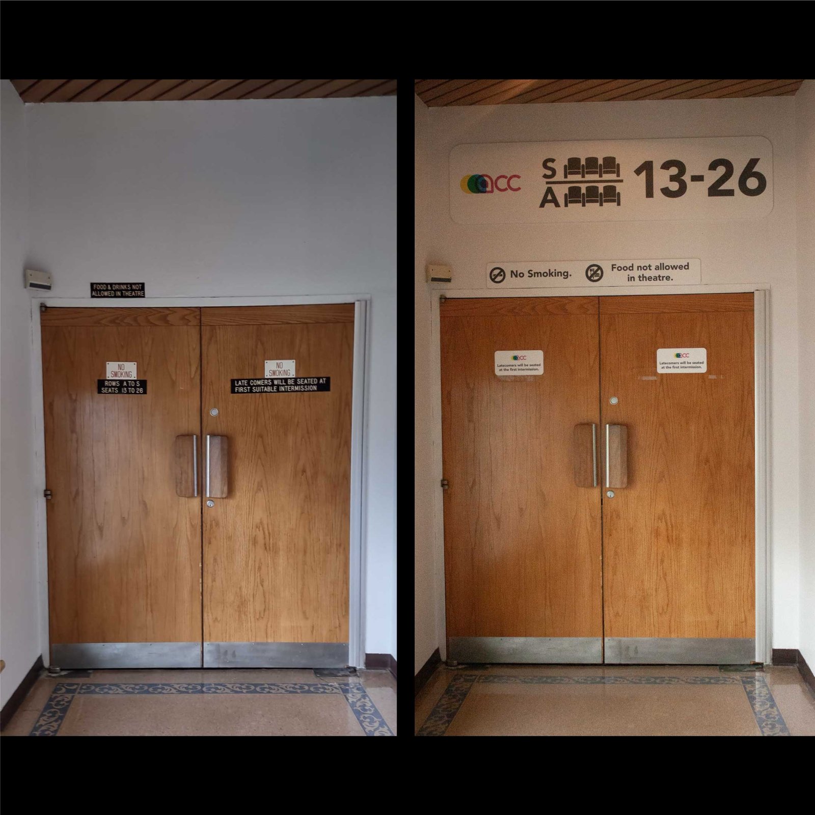 Side by side view of the left theatre entrance doors. THe old signs can't be read from this distance.