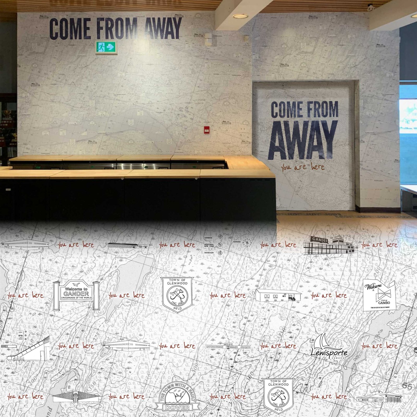 Image of the Come From Away merch booth wallapaper. Full Shot on top detail on bottom