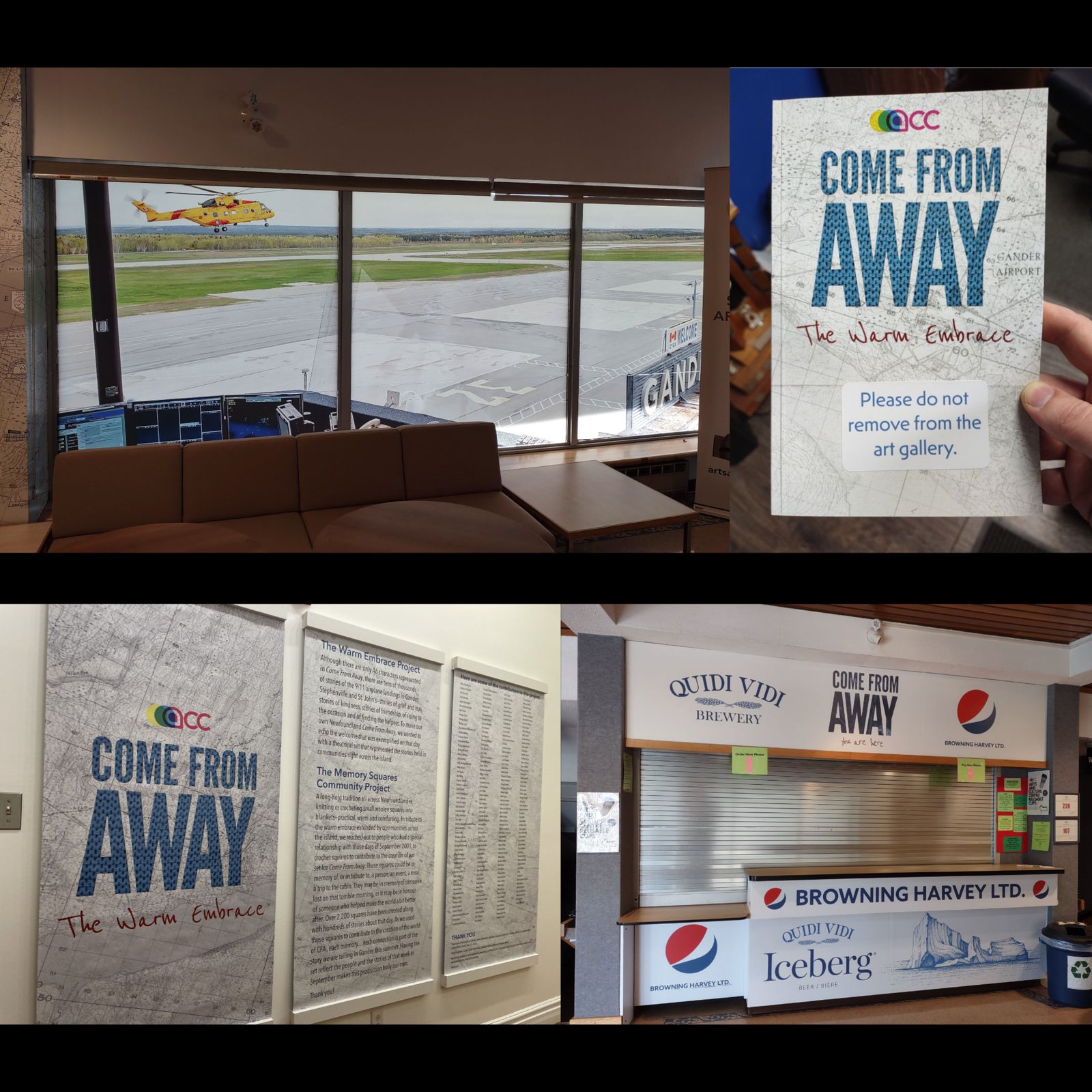 Collage of Come From Away lobby features. Clockwise from top left, ATC Tower window, The Warm Embrace book, Warm Embrace introduction signs, lobby bar with sponsor branding.