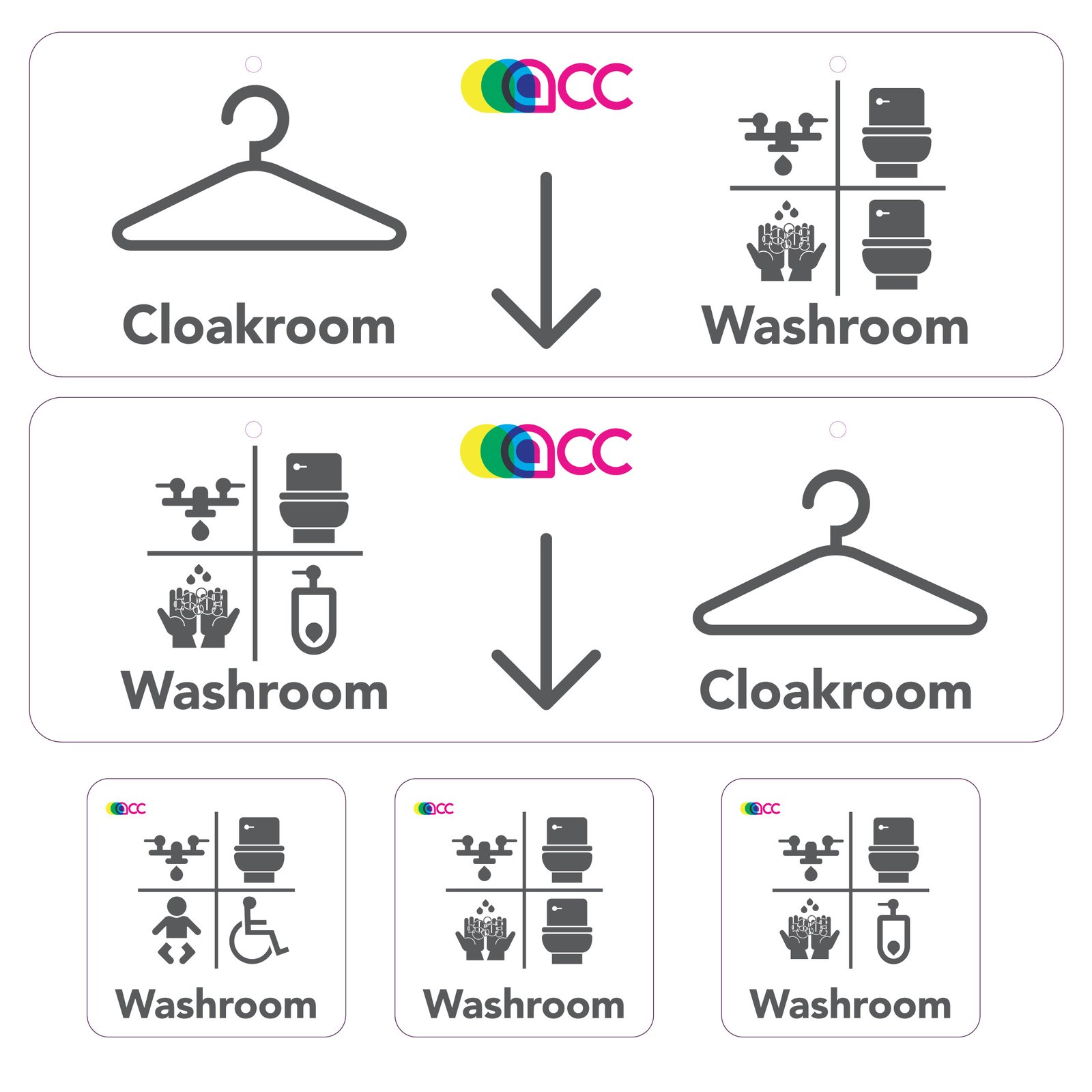 Detail of the new washroom signs. Each washroom is identified by four icons representing the facilities available in each washroom.