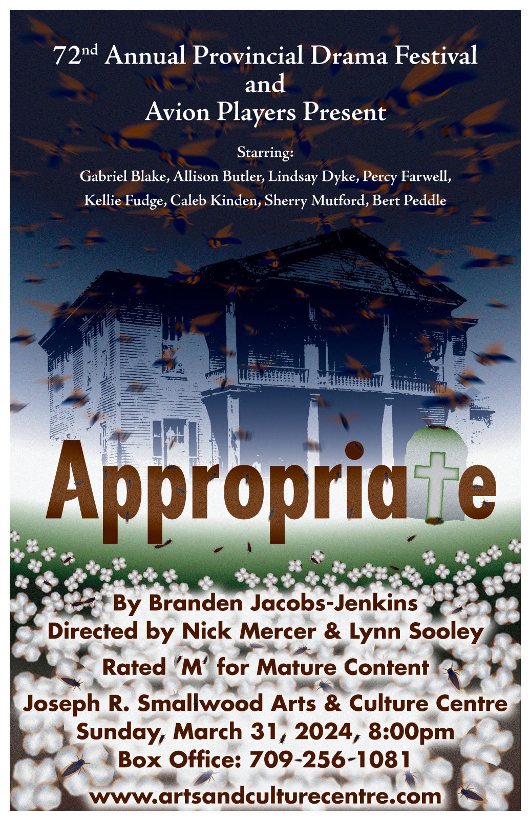 Poster for the Avion Players Production of Appropriate. It features a dilapatated platation house. There are cicadas everywhere. There's some kind of wizard in the negative space of the letter A