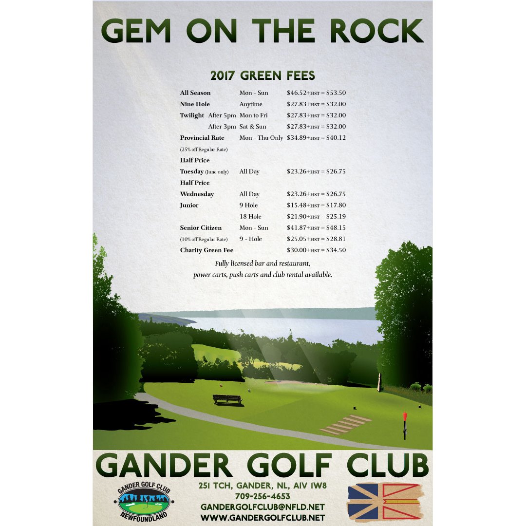 A poster advertising green fees. Headline says Gem on the Rock. Features an illustration of the Golf Course with a ray of sunshine beaming onto it.