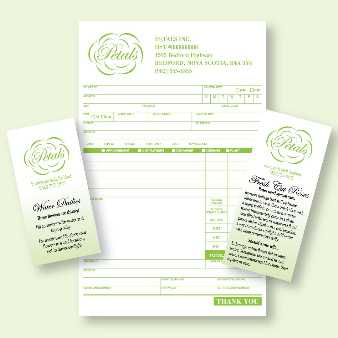 Some flower labels and standard business stationary.