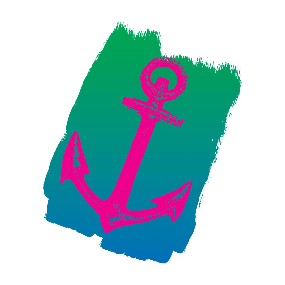 An ilustration of a magenta anchor sitting on a bluegreen slap of paint.